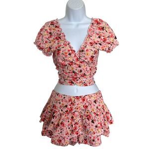 Bla Shé Pink Floral Two-Piece Crop Top & Skirt Set Top Sz S Skirt Sz M